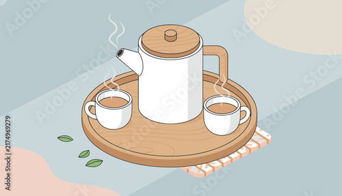 Beautiful white ceramic teapot with two steaming cups of hot herbal tea resting on a cozy circular wooden tray setting.