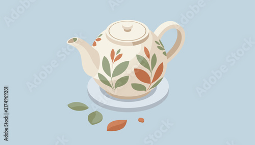 Elegant ceramic teapot decorated with green and brown leaves resting on a white saucer with tea leaves nearby.