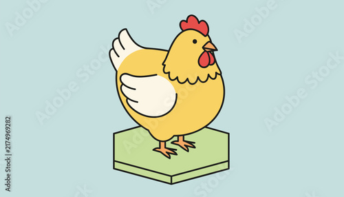 Fat yellow hen with red comb and wattle stands on a green hexagonal pedestal against a light blue background.