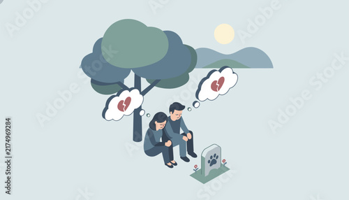 Sad couple sitting under a tree mourning their pet at a small graveyard with paw print on the headstone.