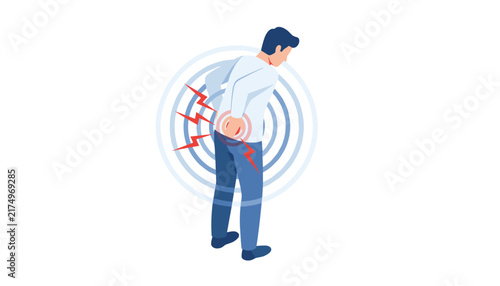 Man feeling severe lower back pain with red lightning indicators and radiating circle waves around spine.