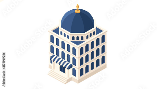 Isometric illustration of a classical white building featuring multiple arched windows and a large blue dome.
