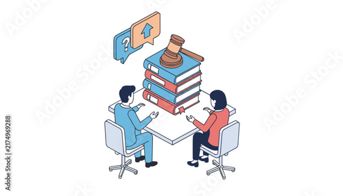 Lawyer advising client at a meeting desk with a stack of law books and a wooden judge gavel in isometric view.
