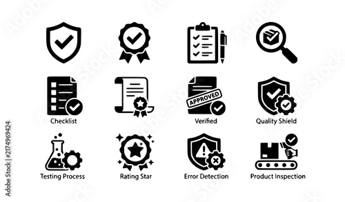 Quality Control Solid Vector Icon Set for Inspection and Conformity