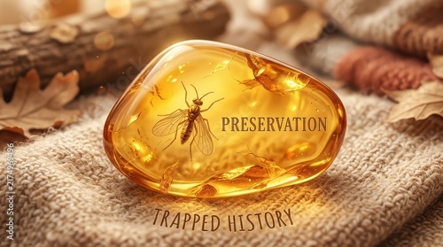 Ancient insect preserved in amber, symbolizing time, history, and the preservation of the past, with 'Preservation' and 'Trapped History' text.