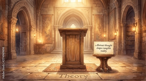 Ancient lecture hall with wooden podium and sign discussing abstract thought shaping tangible reality, symbolizing wisdom and education