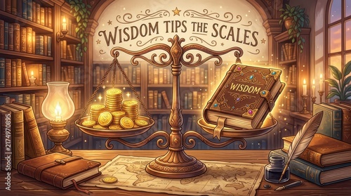 Ancient scale weighing piles of gold coins against a book labeled 'Wisdom', symbolizing knowledge's value in a library setting.