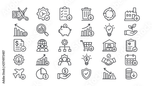 Set of business and finance management line icons on white background
