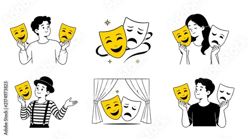 Minimalist, black-and-white characters with yellow comedy and tragedy masks