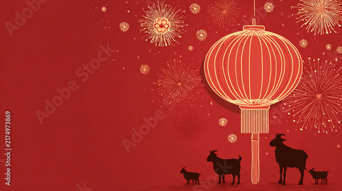 Large, glowing red lantern hangs above silhouettes of goats. Fireworks burst in golden sparkles against a rich red background. The scene evokes celebration, tradition, and festive joy