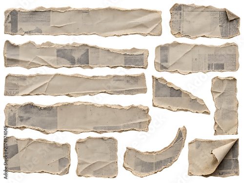 Vintage torn newspaper scraps, 11 ripped paper pieces with aged texture, antique newsprint fragments for collage and scrapbooking