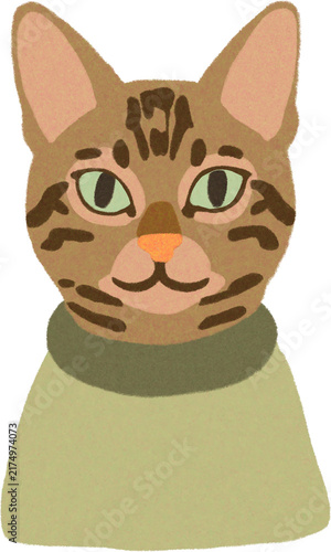 Cute Bengal cat portrait with green eyes wearing an olive green sweater colored pencil style illustration