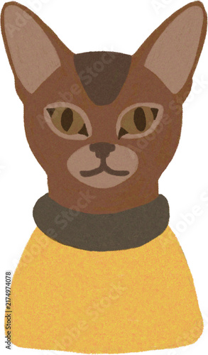 Abyssinian brown cat portrait with amber eyes wearing a yellow sweater colored pencil style illustration