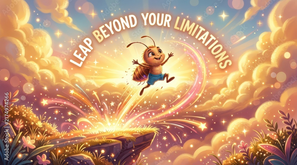 Fototapeta premium Animated ant leaps beyond limitations into a sky full of fireworks and clouds, symbolizing achievement and breaking boundaries