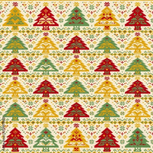 Traditional ugly Christmas sweater knit texture with repeating rows of festive pine trees and snowflakes in red, green, and yellow for a cozy seamless holiday background.