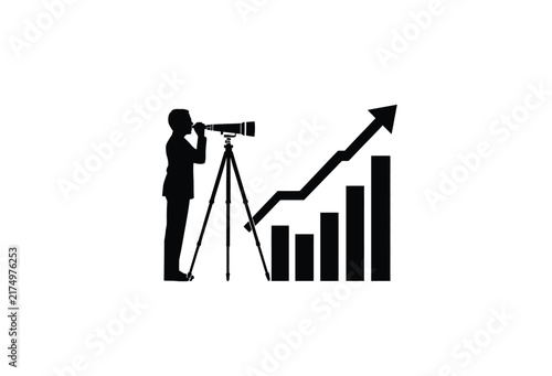 Surveyor with transit and rising bar graph black silhouette on white