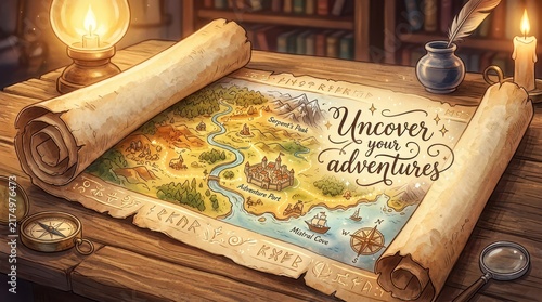 An old treasure map and compass on a wooden table, inviting exploration and adventure, with glowing lamps and candles.