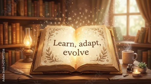 An open antique book with the words 'Learn, adapt, evolve' glowing, surrounded by magical floating letters in a library setting.