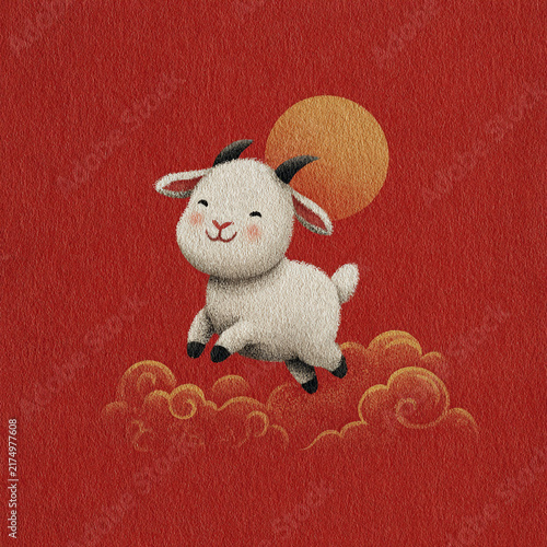 Cute white goat with black horns jumps joyfully on golden clouds. Red background with sun behind. Ideal for Chinese New Year or zodiac-themed projects