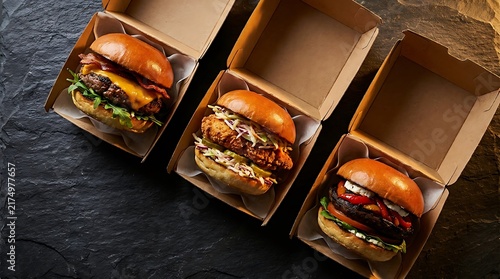 Three delicious beef burgers served in cardboard takeaway boxes on a dark textured table. clamshell packaging burgers