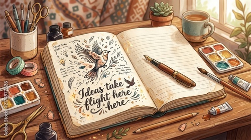 Creative workspace with open sketchbook, watercolor paints, pens, and art supplies on a wooden desk, inspiring artistic endeavors
