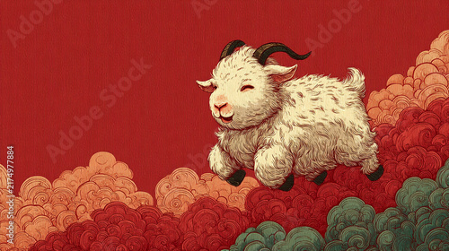 Goat leaps over stylized clouds against a deep red background. The scene is vibrant and mythical, suggesting adventure or fantasy. Ideal for themes like travel, mythology, or creative projects