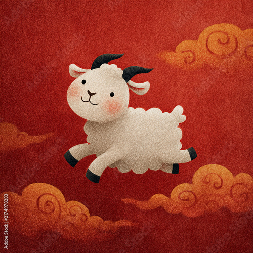 Goat leaps over stylized clouds against a deep red background. The scene is vibrant and mythical, suggesting adventure or fantasy. Ideal for themes like travel, mythology, or creative projects