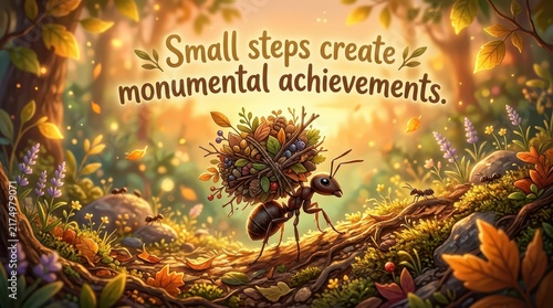 Ant carrying a large load symbolizing small steps creating monumental achievements, in a magical forest setting with bokeh lights