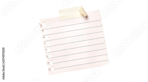 Fotografie Lined paper note with adhesive tape, torn notebook page on white background, bla