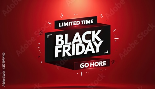 Black Friday banner with bold white typography on stacked black panels over rich red gradient background, limited time sticker and go here CTA, promotional sale layout for Black Friday marketing,