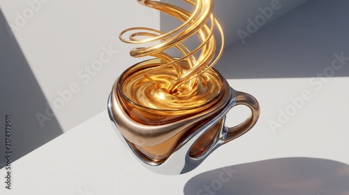 Abstract 3D render of a metallic coffee cup with swirling golden liquid vortex.