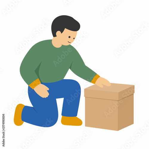 片膝をついて箱を確認する肩幅の広い人物
