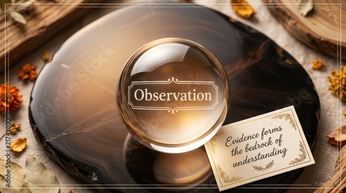 Crystal ball with 'Observation' text, and a quote card about evidence forming understanding, set with natural elements.