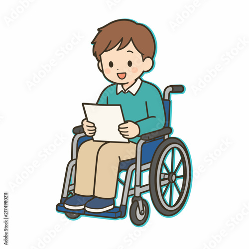 膝上の書類を見る車椅子利用者