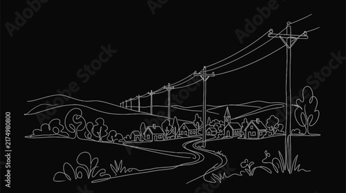 Countryside Village and Electricity Poles Minimalist Line Vector