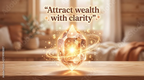 Crystal with glowing light and orbiting currency symbols on a wooden table, inspiring wealth and clarity concept