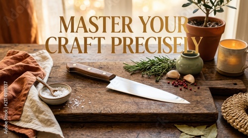Culinary Preparation Scene: A chef's knife, fresh herbs, garlic, and salt on a rustic wooden cutting board, set for precise cooking.