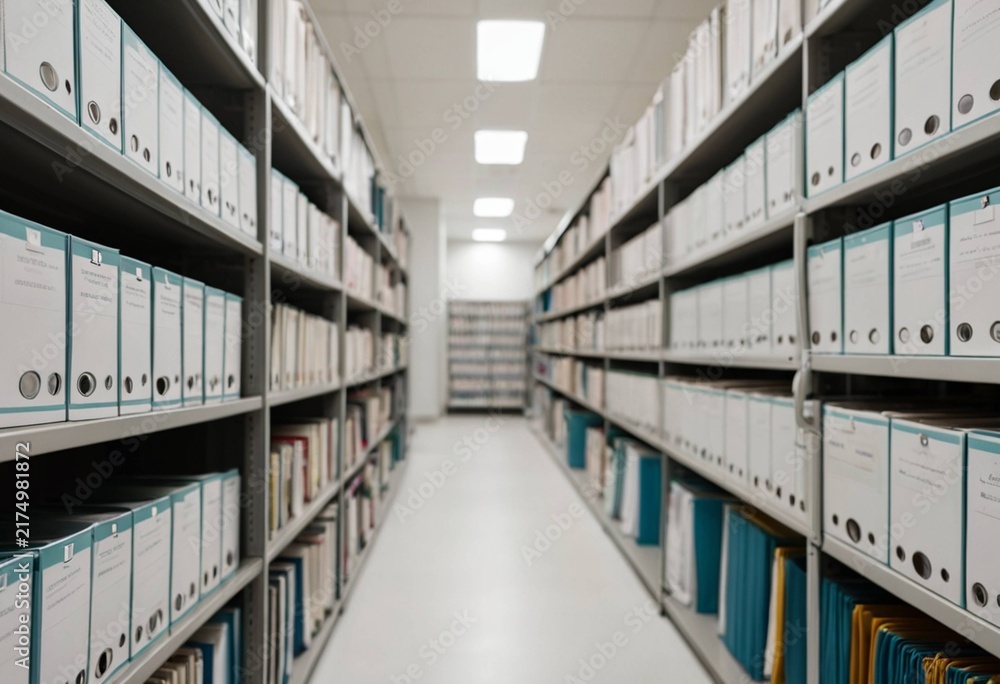 Fototapeta premium Modern office library aisle with rows of organized files and books, bright interior view