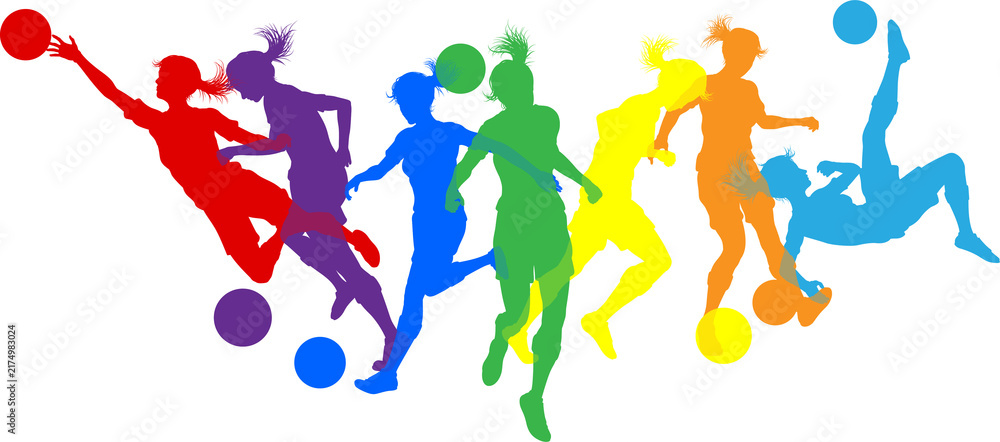 Obraz premium Silhouette women soccer female football player set. Active sports people healthy players fitness silhouettes concept.