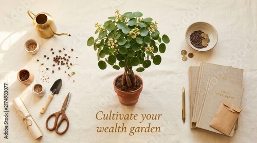 Cultivate your wealth garden: Potted plant, gardening tools, seeds, coins, notebooks, and watering can for financial growth concept.