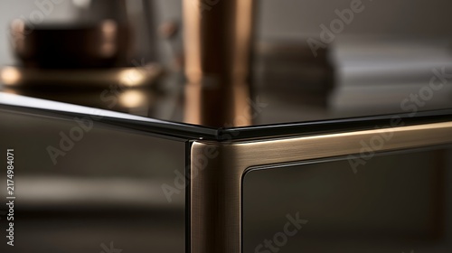 Close up view of modern luxury furniture corner with glass and brushed brass metal frame.