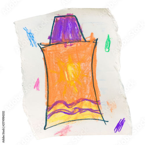 Crayon drawing of a sunscreen bottle on white paper, child art style illustration.
