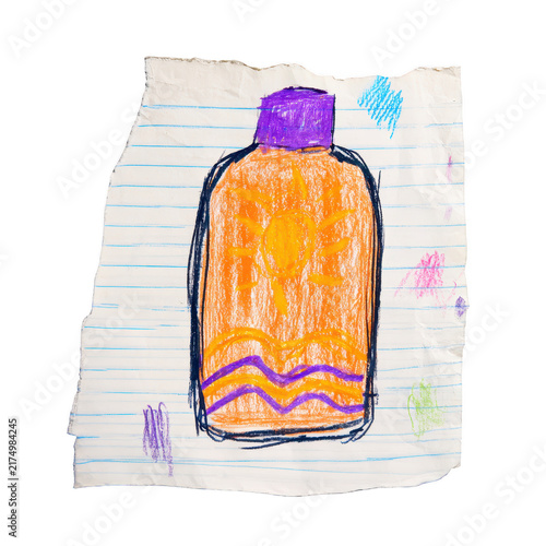 Crayon drawing of a sunscreen bottle on lined paper, child art of summer skincare product.