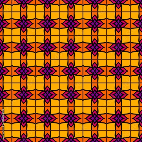 Vibrant Seamless Geometric Pattern with Stained Glass Motif and Ornamental Floral Shapes in Orange and Purple