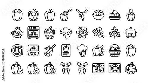 Black and white line art icons set of bell peppers food preparation