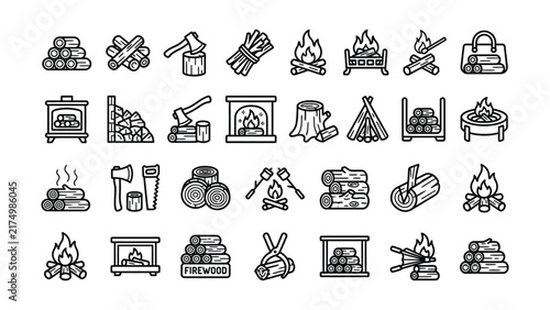 line art wood fire icons for camping, fireplace, and woodland themes