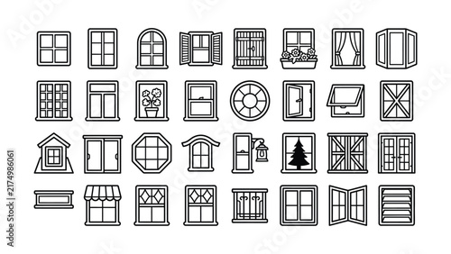 Black line icons of various window styles and designs for architecture or design