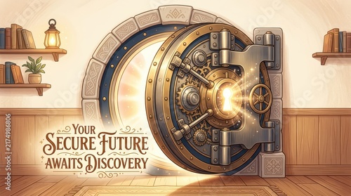 Antique bank vault door opens to reveal a glowing keyhole, symbolizing a secure future and opportunity