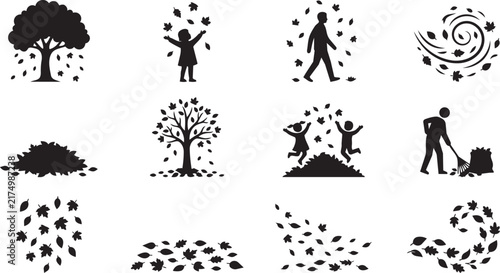 Set of black silhouettes depicting autumn activities, falling leaves, trees, children playing in piles of leaves, and a person raking foliage