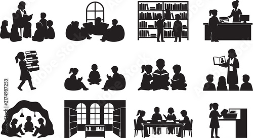 Set of black silhouettes showing children and teachers in a library or classroom setting, reading books and studying